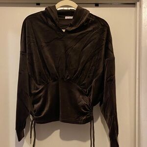 Women's Dark Brown Velvet Hooded Sweatshirt with Cinch Hem